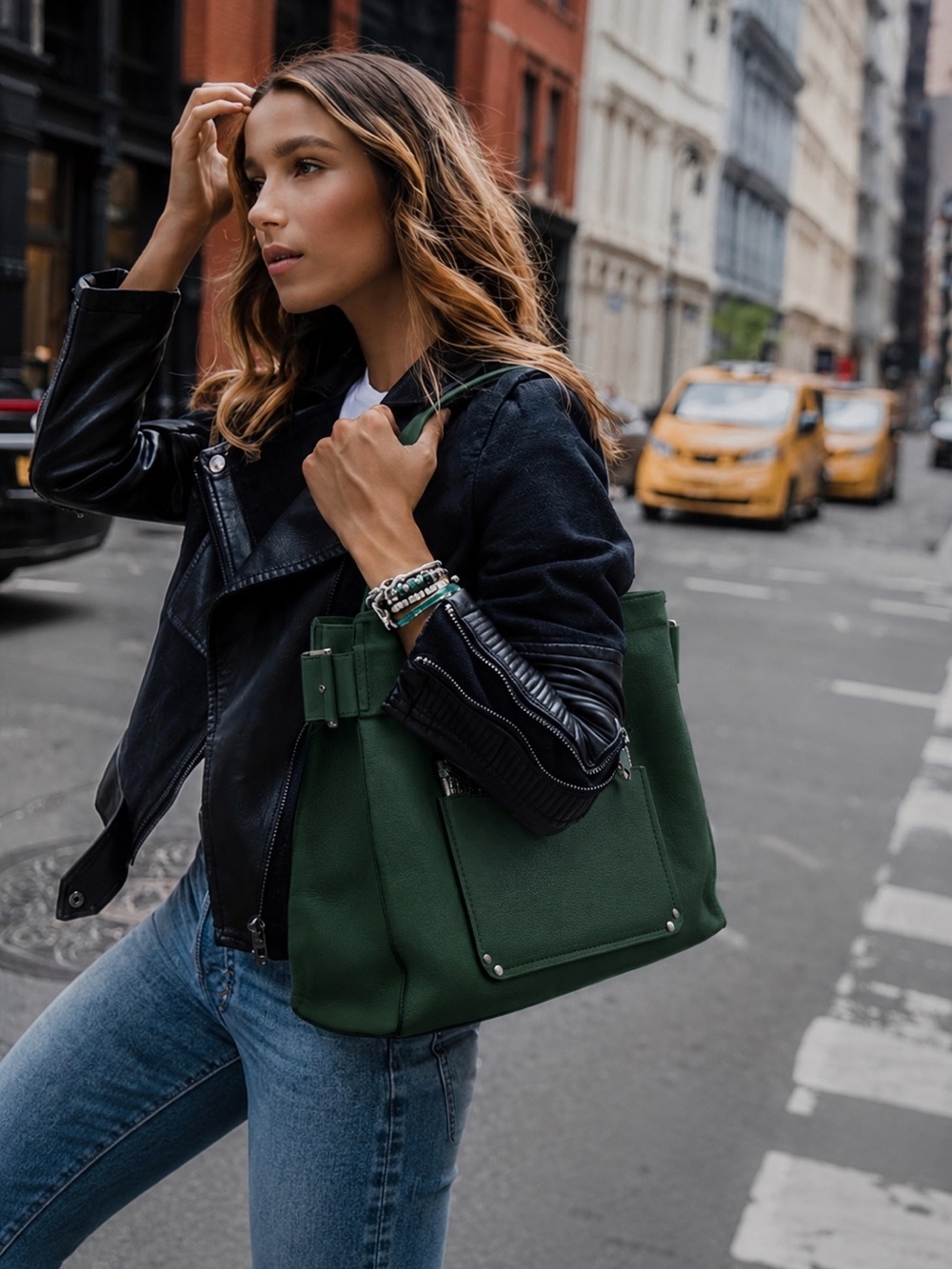 GORGEOUS Henri BENDEL Lenox Haircalf Suede Leather Emerald Green Gold Tote Bag